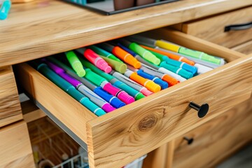 top view of drawer with colorful marker pens - obrazy, fototapety, plakaty