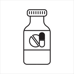 Drug store. Medicine bottles and pills. Drug. Black and white icon. Vector illustration