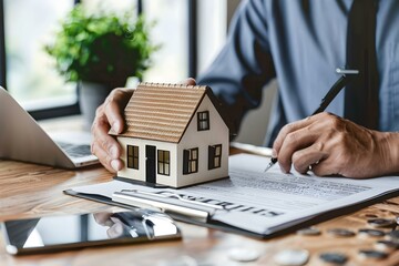 Real estate agent assisting client with signing insurance form for property purchase. Concept Property Insurance, Real Estate Agent, Client Assistance, Signing Documents
