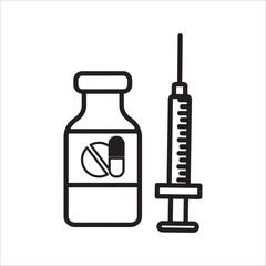 Drug store. Medicine bottle and syringe. Black and white icon. Vector illustration