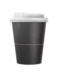 Front view of black disposable paper coffee cup with lid isolated on white