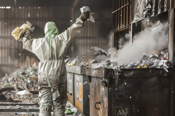 person in a protective suit tossing trash into a large industrial incinerator - obrazy, fototapety, plakaty