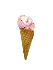 Strawberry ice cream in waffle cone isolated on white background.
