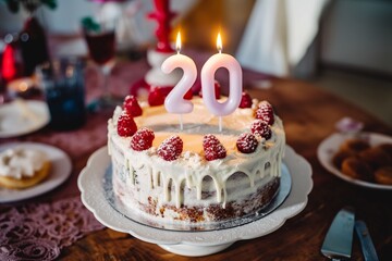 20. Geburtstag. Weißer Geburtstagskuchen mit einer "20" aus Kerzen