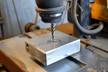 drill press with a carbide bit drilling into a block of aluminum