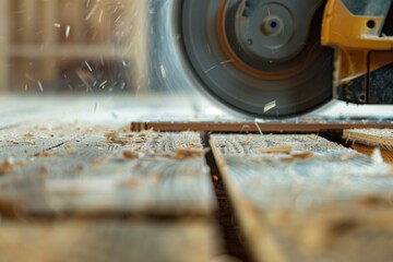 closeup of a circular saw being used to create wooden floor planks - obrazy, fototapety, plakaty