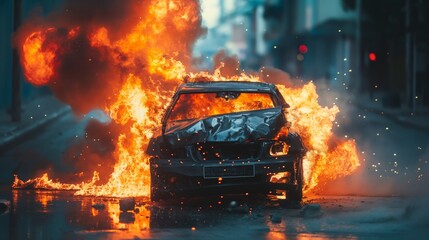 A dramatic scene of a car completely ablaze with fierce flames and smoke on an urban road at twilight. - obrazy, fototapety, plakaty