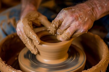 closeup of hands sculpting clay on a pottery wheel in studio
