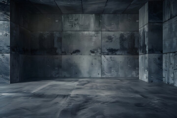 Fototapeta na wymiar Front camera view of an empty room solid walls, close-up shot, dark, cement walls