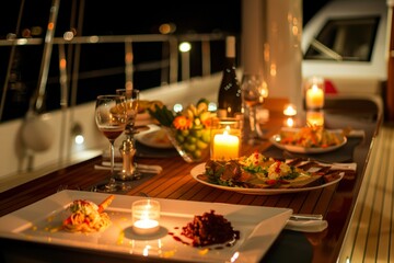 Fototapeta na wymiar candlelit table with gourmet dishes on a luxury yacht deck
