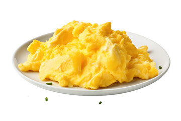 A plate featuring scrambled eggs as the main dish, with a side of chives neatly arranged next to it. The eggs are cooked to a creamy texture. Isolated on a Transparent Background PNG.