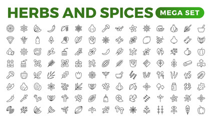 Herbs and spices - minimal thin-line web icon set. Outline icons collection. Spices, condiments, and herbs.Condiment icons set. Outline icon set.