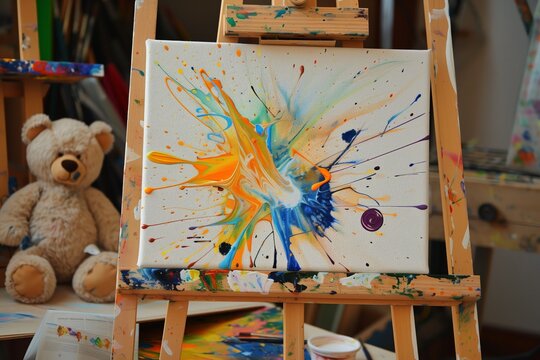 easel with abstract paint splotches, teddy bear nearby