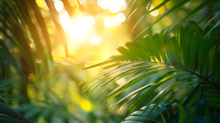 A dense cluster of tropical leaves with sunlight filtering through, in a vibrant forest. - Powered by Adobe