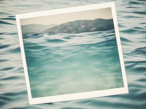 Vintage photo frame on the sea water background. Copy space.