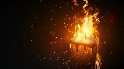 A single candle burning intensely with sparks flying off, against a dark, moody background.