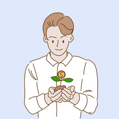 A businessman holding a growing money tree. The concept of Investment and business. Hand-drawn, vector illustration.