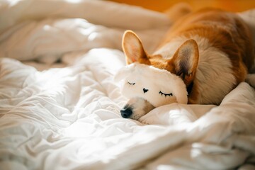 Corgi dog sleeps wearing a sleep mask on a white bed in the sun