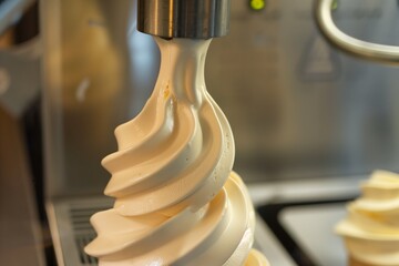 closeup of the swirl of soft serve ice cream being dispensed - obrazy, fototapety, plakaty