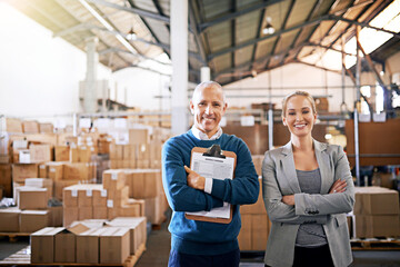 Boxes, confidence and portrait of business people in warehouse with package, logistics and distribution. Export, commerce and service team at cargo storage factory with clipboard, pride and smile - obrazy, fototapety, plakaty