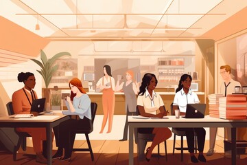 workplace scene where diverse employees are working