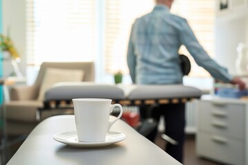 chiropractor in office, coffee cup on adjustment table - obrazy, fototapety, plakaty