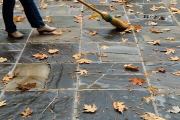 woman sweeping fallen leaves off a stone tiled patio - obrazy, fototapety, plakaty