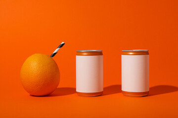 Tin cans and oranges on orange background