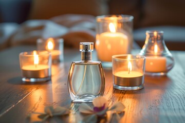 perfume bottle between candles on romantic setting