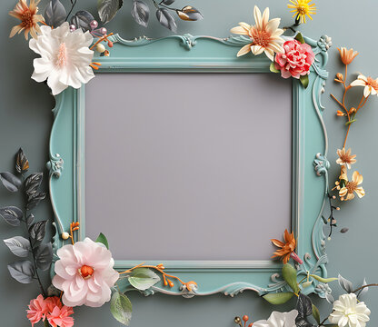 Vintage Floral Symphony - Ornate Turquoise Frame with Botanical Embellishments