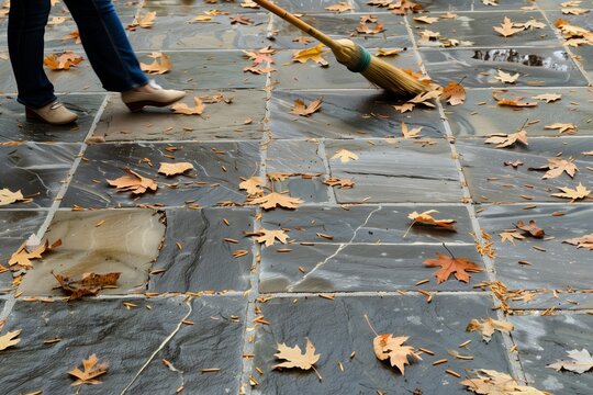 Fototapeta woman sweeping fallen leaves off a stone tiled patio