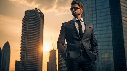 Elegant business man standing proudly with her arms crossed, office in the background, banner style photoshoot. AI Generative.