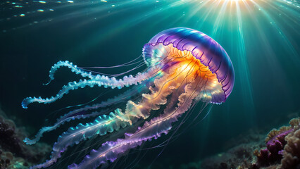 jellyfish with iridiscent glow sun rays piercing through the sea water - obrazy, fototapety, plakaty