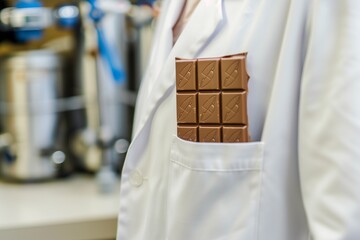 chocolate bar sticking out of a lab coat pocket in a scientific setting