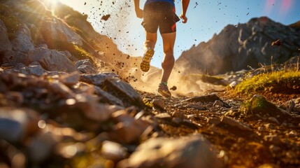 Back view of a runner on a rugged mountain trail at sunset with flying dust. - obrazy, fototapety, plakaty