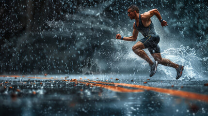 Sporty man athlete sprints with full intensity in the rain, showcasing the concept of perseverance, endurance, and competitive spirit in sports - obrazy, fototapety, plakaty