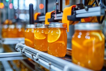 automated system labeling jars of citrus marmalade - obrazy, fototapety, plakaty