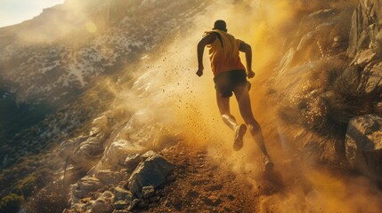 Back view of a runner on a rugged mountain trail at sunset with flying dust.