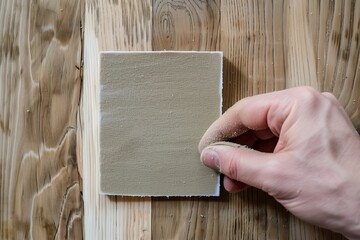 closeup of hand holding sandpaper against wood - obrazy, fototapety, plakaty