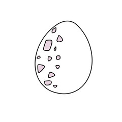 A white egg with pink spots and a pink border. The egg is cracked and has a rough texture