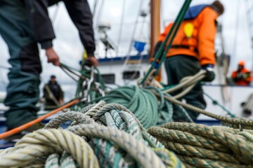 Obraz premium deckhands coiling ropes on a sailing boat deck