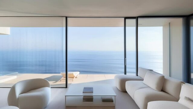 This minimalist beach house boasts a minimal color palette allowing the beautiful blue hues of the ocean to take center stage. . AI generation.