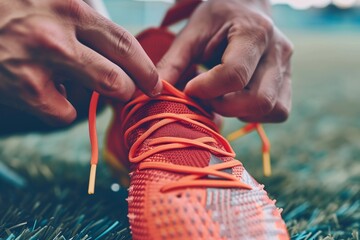 closeup of hands tying the laces of a new pair of soccer cleats - obrazy, fototapety, plakaty