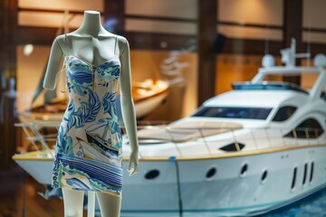 mannequin dressed in a nauticalthemed summer dress, near a yacht model