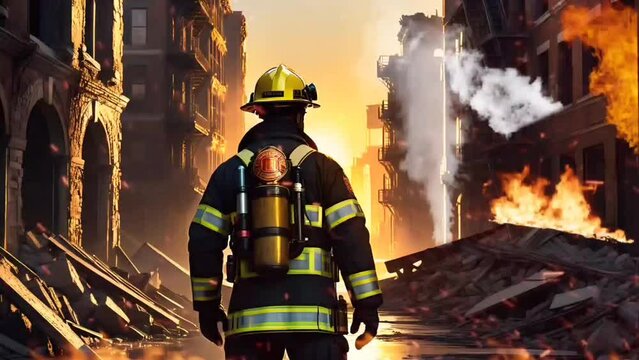 Fireman at work. Seamless looping time-lapse 4k video animation background