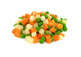 Raw frozen vegetables for Russian salad isolated on white