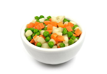 Raw frozen vegetables for Russian salad isolated on white