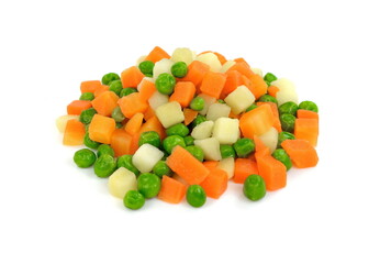 Raw frozen vegetables for Russian salad isolated on white