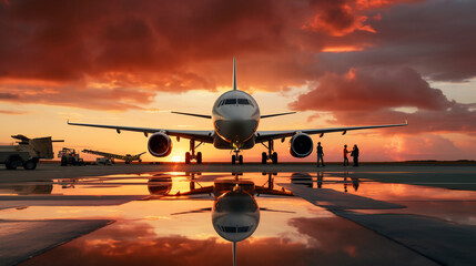 Commercial Airplane at the Gate During Sunset, Vibrant Sky Reflection on Wet Tarmac, Busy Airport...