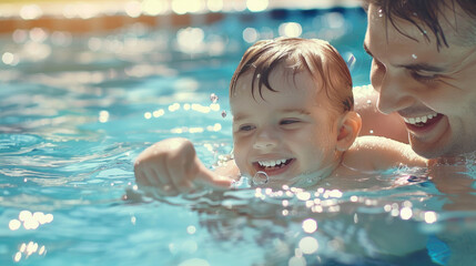  A man teaches a child to swim in the pool. - obrazy, fototapety, plakaty